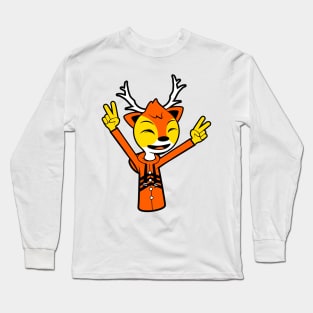 Happy Golden Reindeer With Two Raised Peace Hand Signs Long Sleeve T-Shirt